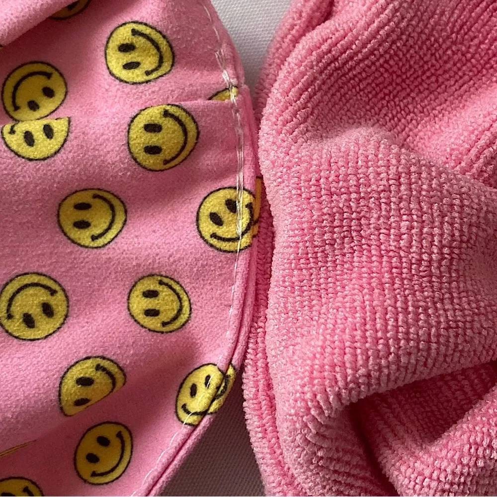 ⭐️ Towel Scrunchies Set Of Three Pink And Yellow Smiley Face Pattern